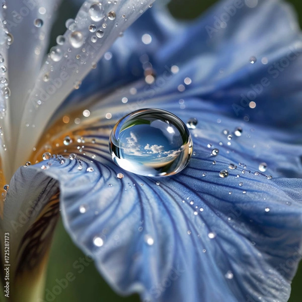 Fototapeta There's a drop of water on a blue flower, and the sky is visible in the drop.