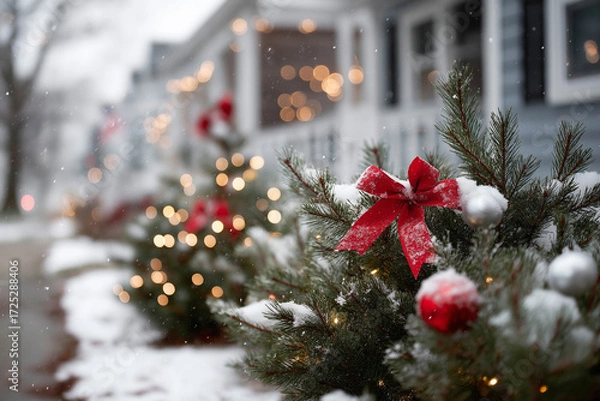 Fototapeta Snow-covered evergreen bushes adorned with red bows and ornaments, illuminated by soft bokeh lights, creating a festive winter atmosphere in a charming neighborhood