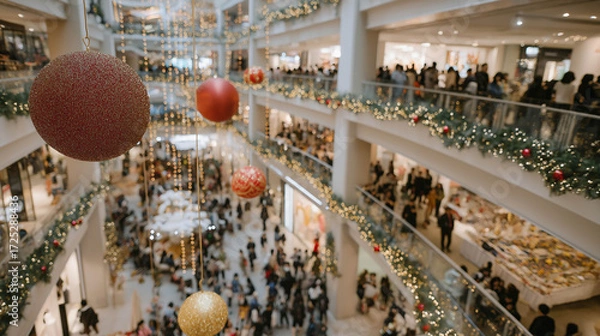Fototapeta Festive holiday decorations with colorful ornaments hanging in a bustling shopping mall filled with shoppers enjoying the seasonal atmosphere and vibrant displays of merchandise