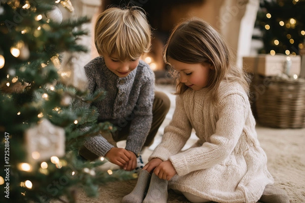 Fototapeta Two children, a boy and a girl, are joyfully decorating a Christmas tree with colorful ornaments and twinkling lights, creating a festive atmosphere in a cozy living room
