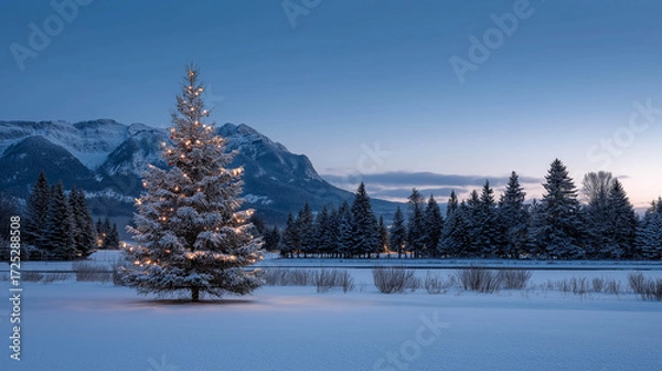 Fototapeta Snow-covered evergreen tree adorned with warm lights stands majestically in a serene winter landscape, surrounded by snow-laden mountains and a tranquil frozen lake at dusk