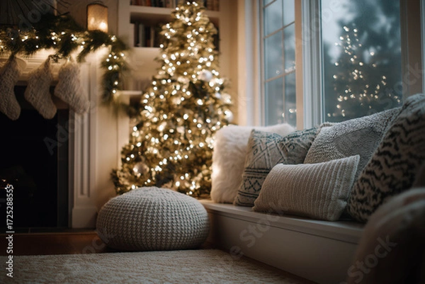 Fototapeta Cozy living room scene featuring a beautifully decorated Christmas tree with twinkling lights, plush cushions, and a soft rug, creating a warm and inviting holiday atmosphere