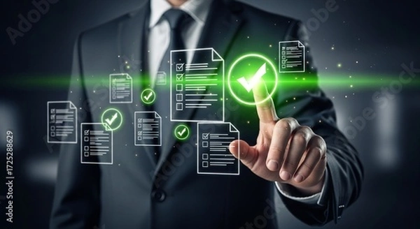 Fototapeta Compliance Confirmation: A polished professional interacts with an array of digital document icons, signifying diligent approval and validation through innovative technology.