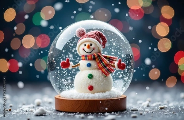 Fototapeta Snowman in a glass globe with falling snow. Christmas decoration with a festive bokeh background. Winter holiday season.