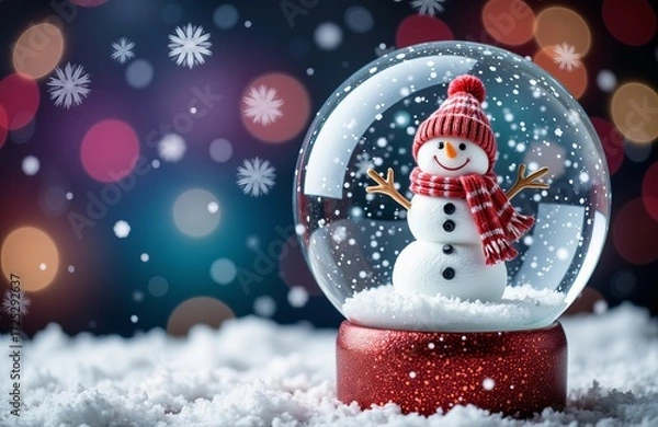 Fototapeta Snowman in a snow globe with falling snowflakes and bokeh lights. Winter holiday decoration for Christmas. Celebration and season concept.