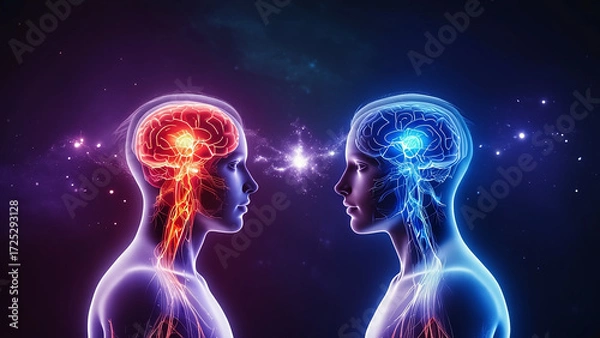 Fototapeta 交感神経（赤・活発）と副交感神経（青・リラックス）の対比