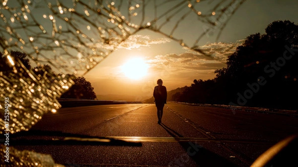 Fototapeta Lone silhouette walks barefoot along empty highway at sunset, seen through shattered windshield in the foreground, distant hills and trees blur in the background, oppressive postapocalyptic atmosphere
