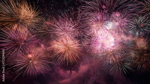 Fototapeta Dazzling magenta and gold fireworks burst across night sky background, purple smoke in the foreground and overlapping starbursts fill the frame, festive celebration atmosphere