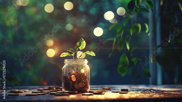 Fototapeta 投資と成長のイメージ：コインと植物