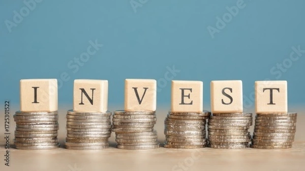 Fototapeta Coins stacked with wooden blocks spelling "INVEST" against a blue background.