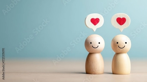 Fototapeta Two wooden figures with heart thought bubbles on a light blue background.