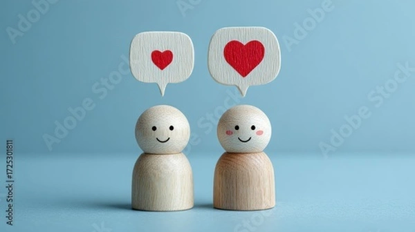 Fototapeta Two wooden figures with heart speech bubbles on a blue background.