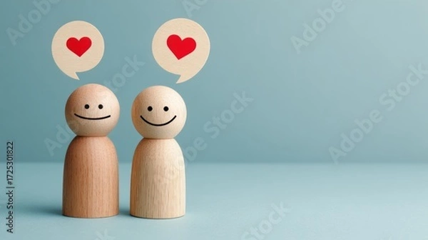 Fototapeta Two wooden figures with heart speech bubbles on a blue background.