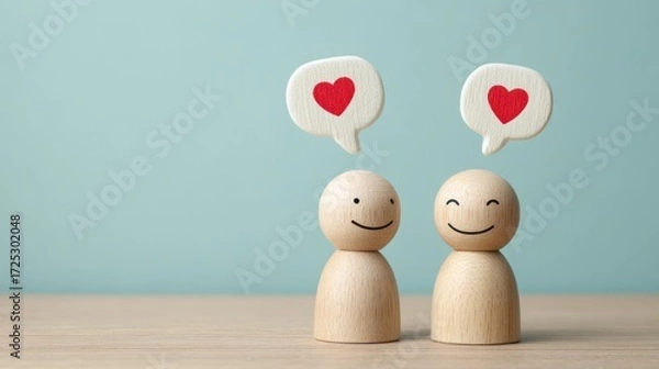 Fototapeta Two wooden figures with heart speech bubbles on a light blue background.