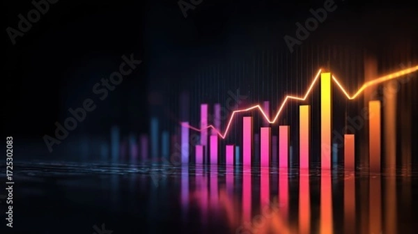 Fototapeta Colorful bar graph with upward trending line on dark background representing growth.