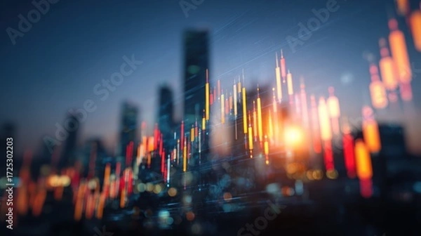 Fototapeta City skyline with financial chart overlayed representing market data and analysis.