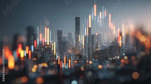 Fototapeta City skyline with financial chart overlayed representing stock market or economic data.