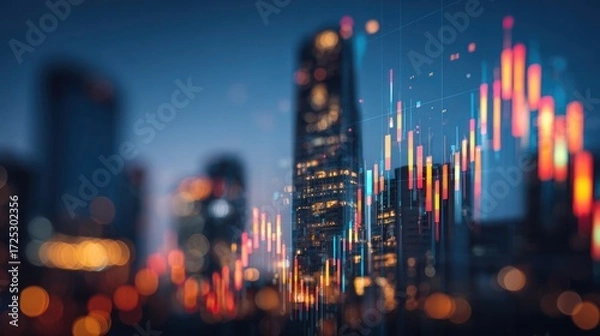 Fototapeta City skyline at night with superimposed financial graph showing downward trend.