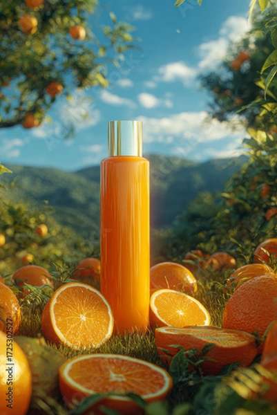 Fototapeta Product bottle amongst fresh oranges in an orchard under a bright sky, with mountain backdrop.