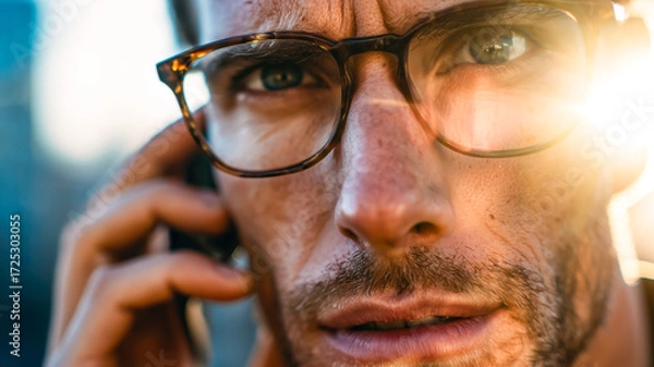 Fototapeta Concerned man with glasses talking on a phone, bright sunlight, close up of face with furrowed brow, serious expression.