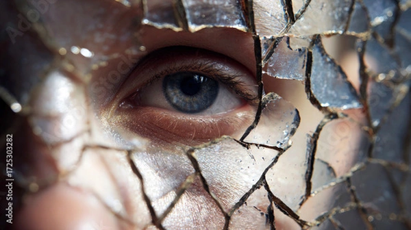 Fototapeta Close-up blue eye framed by shards of a cracked mirror in the foreground, moist skin and highlights in the soft blurred background, concept of fragility and self-reflection