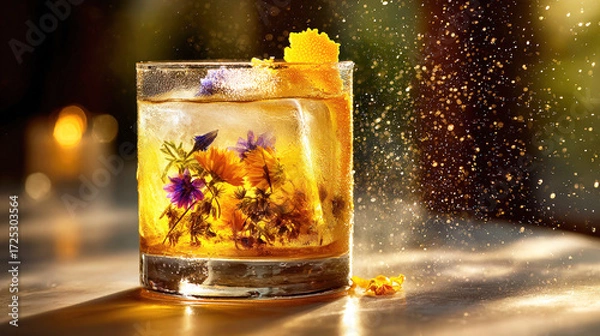 Fototapeta Sparkling floral cocktail in a low glass with citrus peel and large ice on a sunlit table in the foreground, golden bokeh droplets in the background, concept for beverage advertising