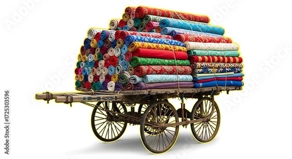 Fototapeta Rolls fabrics textiles colorful patterns cart transport market bazaar shop