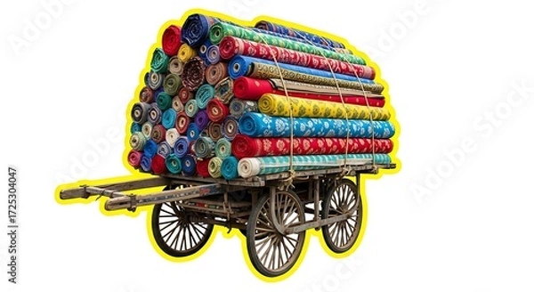 Fototapeta Rolls carpets rugs textile fabrics cart wagon transport colors pattern design