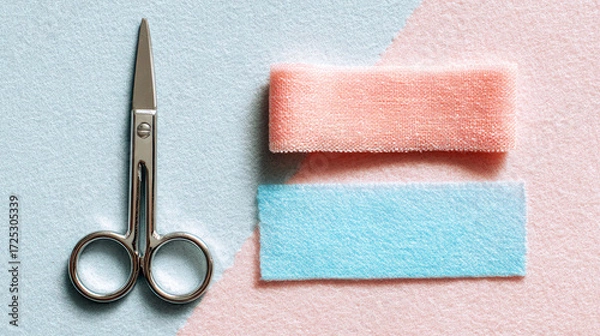 Fototapeta Polished stainless scissors with peach gauze strip and blue felt strip in sharp foreground on pastel textured backdrop with diagonal split, flat lay top view, minimalist healthcare concept