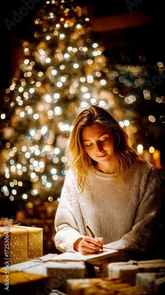 Fototapeta Smiling young woman in a cozy sweater writes cards at a table, with a christmas tree and its bokeh lights in the background. Warm and magical holiday atmosphere