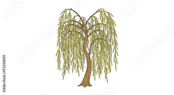 Fototapeta Illustration of weeping willow tree with leaves and brown trunk art