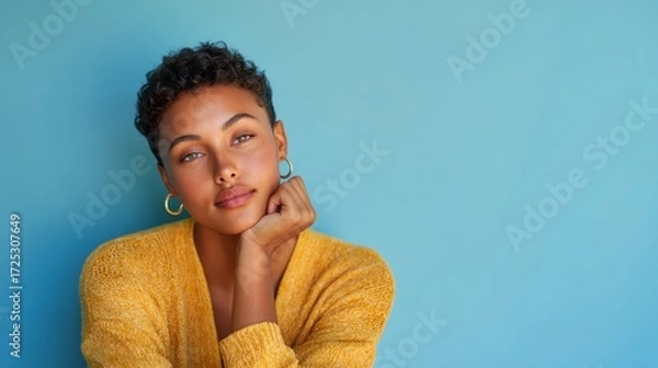 Fototapeta African American young woman with curly hair rests her chin on her hand, dressed in a yellow sweater, set against a soft light blue backdrop, radiating calmness and introspection