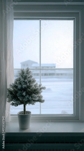 Fototapeta A small snow-covered fir tree in a white pot sits on a windowsill looking out onto a cold, snowy landscape through a misty window. Atmosphere of quiet winter solitude