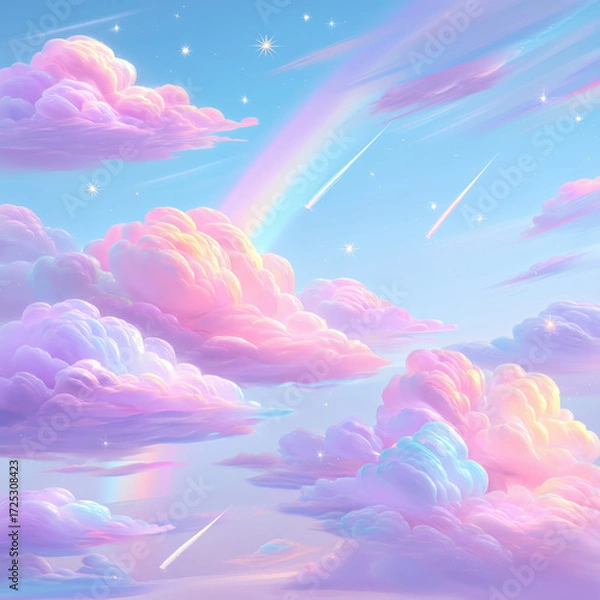Fototapeta Colorful Pastel Clouds with Rainbow and Stars in Dreamy Sky
