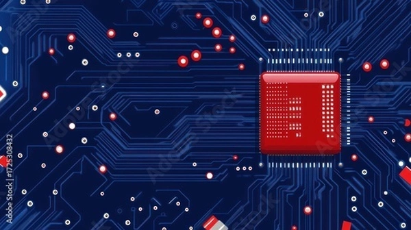 Fototapeta Red Central Processing Unit on a Blue Circuit Board