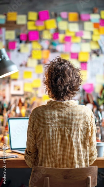 Fototapeta Back view of a person with curly hair in a plaid shirt at a desk with a laptop, facing a wall of colorful sticky notes in a messy workshop. Atmosphere of a creative project and brainstorming