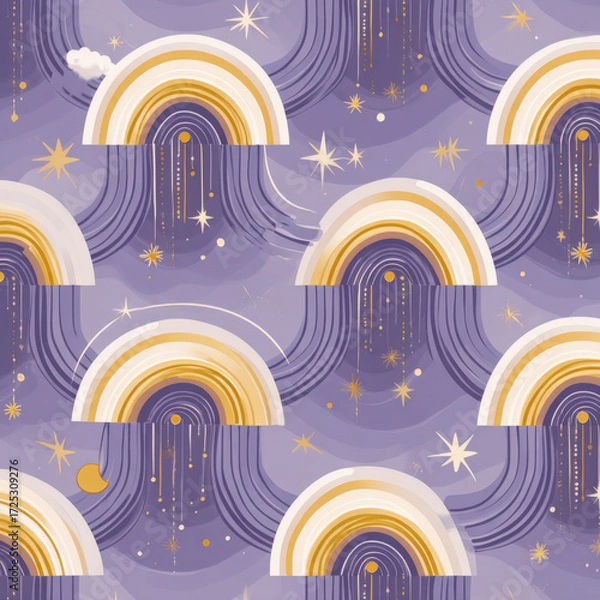 Fototapeta Pastel Seamless Pattern of Rainbows and Stars in Soft Lilac Color