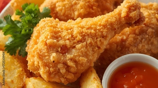 Fototapeta crispy golden fried chicken with sauce and potatoes