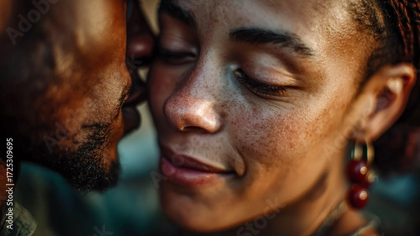 Fototapeta Close up of a couple embracing, face to face, sharing a moment of intimacy and connection between them. 