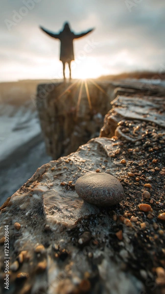 Fototapeta Rock's perspective of a person standing at the edge with open arms in nature at sunrise. Celebrating nature's beauty. 