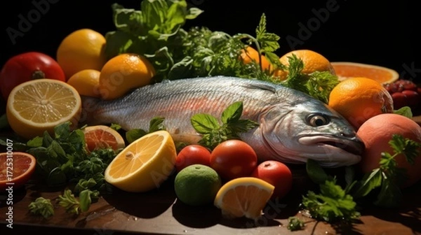 Obraz Fresh Fish and Colorful Citrus Fruits