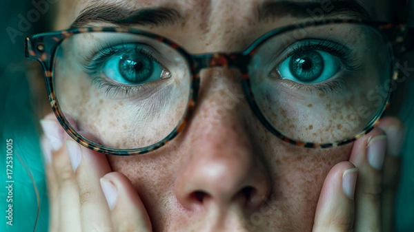 Fototapeta Woman's close-up portrait with intense eyes and eyeglasses showing emotion, expressing anxiety with hands on her face.