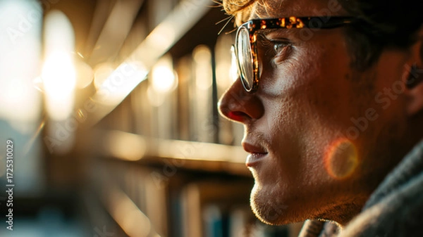 Fototapeta Focused man with glasses looking into the distance, illuminated by warm sunlight. Profile view, thoughtful and contemplative mood.