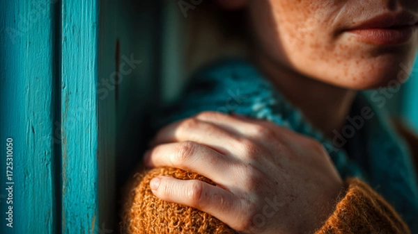 Fototapeta Thoughtful pose of a woman with freckles, showcasing hand and shoulder. The soft natural light enhances texture and emotion.
