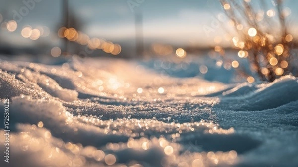 Fototapeta Minimalist snowy landscape with soft bokeh lights, dreamy icy-blue and golden glow, shallow depth of field, wide panoramic winter backdrop