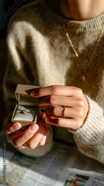 Fototapeta Close-up of hands showcasing rings; one in a display box, the other worn, suggesting a special moment or commitment.