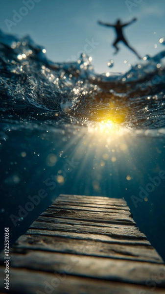 Fototapeta Person mid-air, diving or jumping into a bright, sunlit body of water, captured from below with a wooden dock in the foreground.