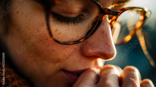 Fototapeta Close-up of a person with glasses in contemplation, illuminated by warm light, showcasing freckles and thoughtful expression.