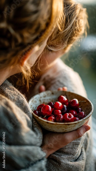 Fototapeta A person is holding a bowl of red cherries. The light is soft, and the background is slightly blurred, focusing on the ripe fruit.