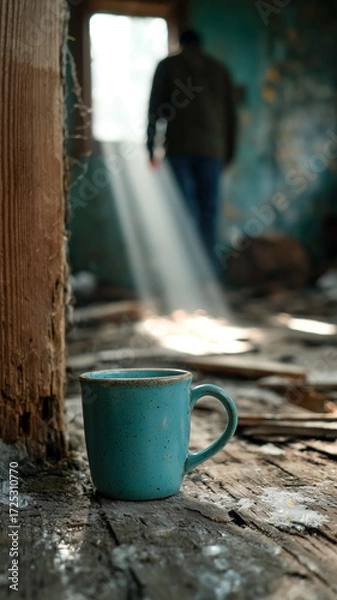 Fototapeta Warm beverage in a blue mug on weathered wood, with a person walking through sunlit doorway in the background.
